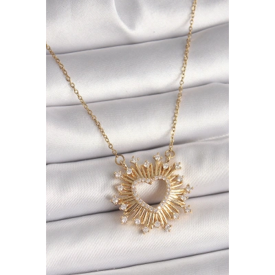 316L Çelik Gold Renk Zirkon Taşlı Kalp Model Kadın Kolye - Lisinya