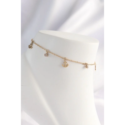 316L Çelik Gold Renk Zirkon Taşlı Minimal Çapa Tasarımlı Halhal