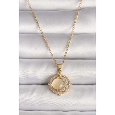 316L Çelik Gold Renk Zirkon Taşlı Sarı Sedefli Hilal Model Kadın Kolye - Lisinya