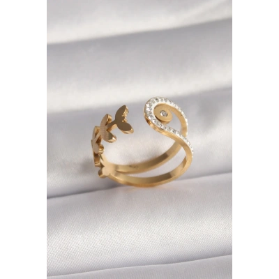 316L Çelik Gold Renk Zirkon Taşlı Yaprak Model Kadın Yüzük - Lisinya