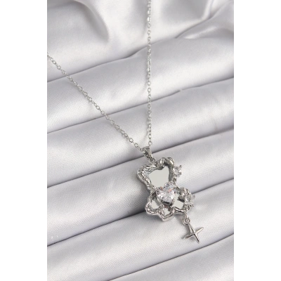 316L Çelik Gümüş Renk Ayna Ayıcık Model Zirkon Taşlı Kalp Detay Kadın Kolye - Lisinya