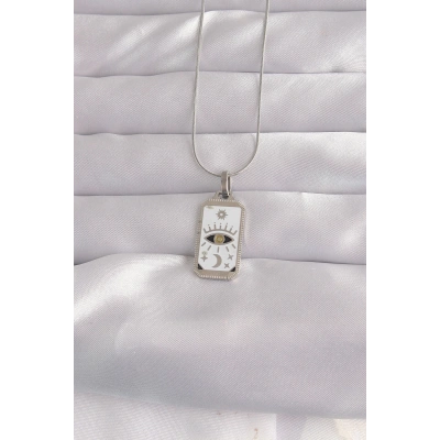 316L Çelik Gümüş Renk Beyaz Mineli Göz Figür Tarot Kolye