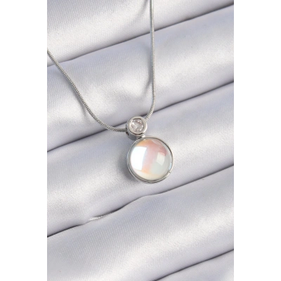316L Çelik Gümüş Renk Beyaz Sedefli Vintage Model Kadın Kolye - Lisinya