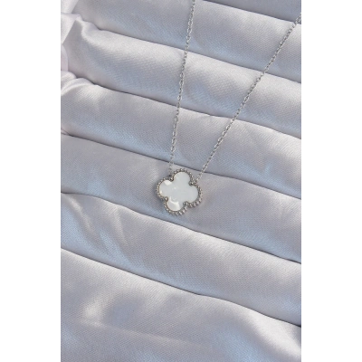 316L Çelik Gümüş Renk Beyaz Sedefli Yonca Kolye