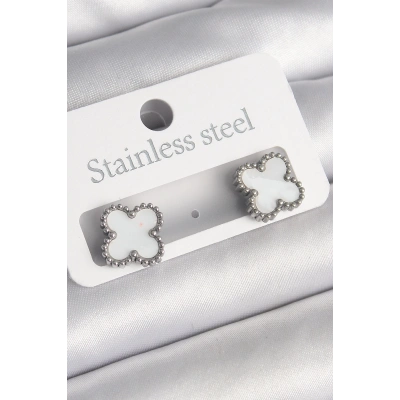 316L Çelik Gümüş Renk Beyaz Yonca Model Kadın Küpe