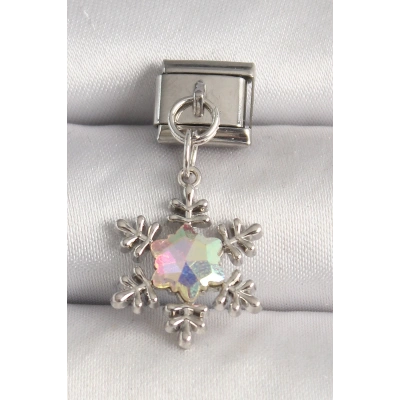 316L Çelik Gümüş Renk Hologram Mineli Kar Tanesi Model Nomination Charm - Lisinya