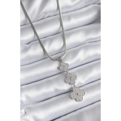 316L Çelik Gümüş Renk İtalyan Zincir Zirkon Taşı Yonca Model Kadın Kolye - Lisinya