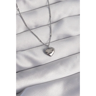 316L Çelik Gümüş Renk Kalp Model Love Kolye