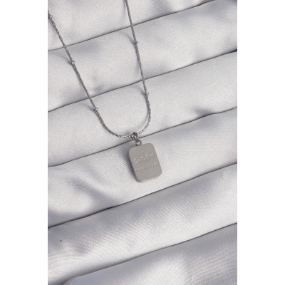 316L Çelik Gümüş Renk Kare Charm Model Kolye - Lisinya