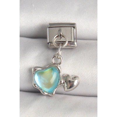 316L Çelik Gümüş Renk Mavi Mineli Kalp Model Nomination Charm - Lisinya