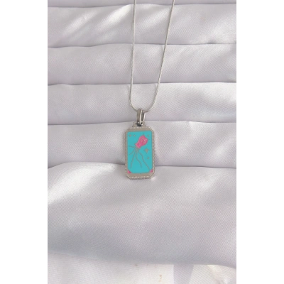 316L Çelik Gümüş Renk Mavi Mineli Tarot Kolye