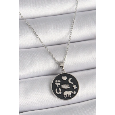 316L Çelik Gümüş Renk Siyah Renk Şans Kolyesi