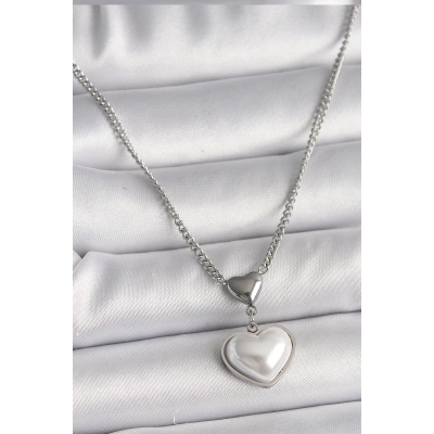 316L Çelik Gümüş Renk Zincir 3D Kalp Model Kadın Kolye