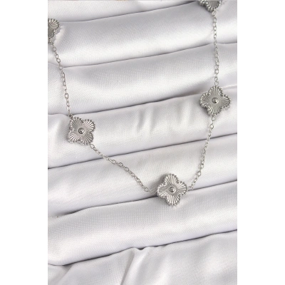 316L Çelik Gümüş Renk Zincir İşlemeli Yonca Model Kadın Kolye - Lisinya