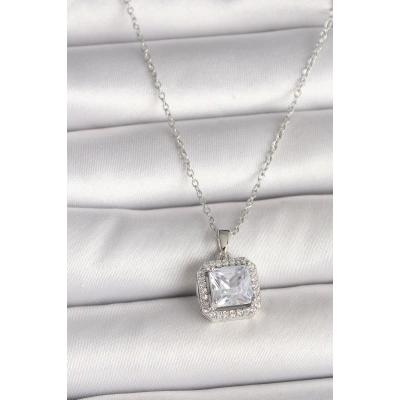 316L Çelik Gümüş Renk Zincir Kare Zirkon Taşlı Kadın Kolye - Lisinya