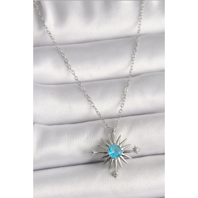 316L Çelik Gümüş Renk Zincir Mavi Taş Detaylı Kuzey Yıldızı Model Kadın Kolye - Lisinya