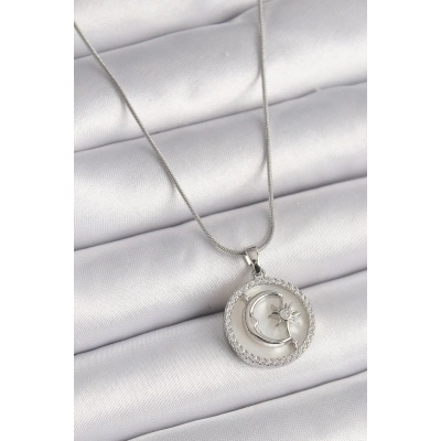 316L Çelik Gümüş Renk Zincir Zirkon Taş Detaylı Beyaz Sedefli Ay Yıldız İşleme Kadın Kolye - Lisinya