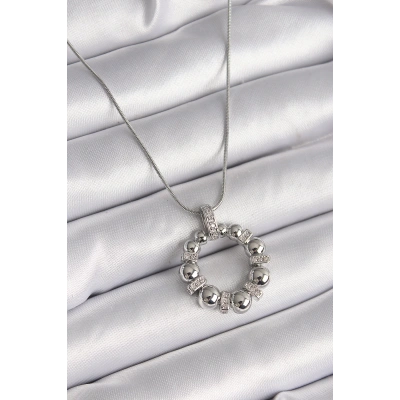 316L Çelik Gümüş Renk Zincir Zirkon Taş Detaylı Bombeli Halka Model Kadın Kolye - Lisinya