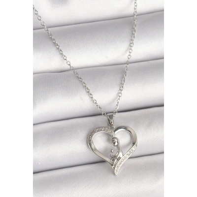 316L Çelik Gümüş Renk Zincir Zirkon Taş Detaylı Kalp Model Kadın Kolye - Lisinya