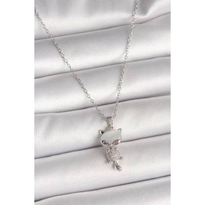 316L Çelik Gümüş Renk Zincir Zirkon Taşlı Kedi Model Kadın Kolye - Lisinya