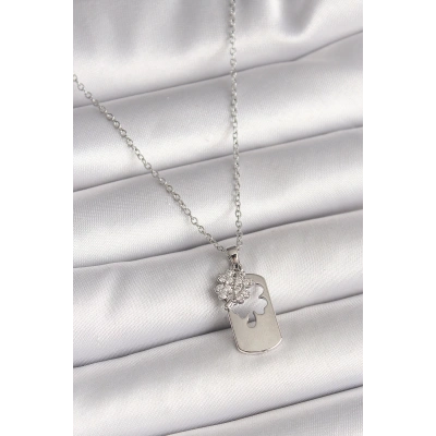 316L Çelik Gümüş Renk Zincir Zirkon Taşlı Yonca Model Kadın Kolye - Lisinya