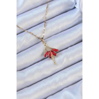 316L Çelik Zincir Altın Renk Kırmızı Etekli Zirkon Taşlı Balerin Kolye
