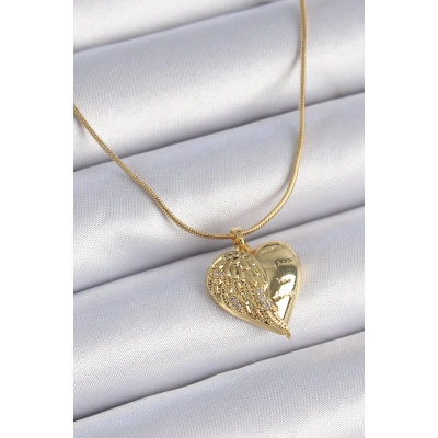 316L Çelik Zincir Gold Renk Zirkon Taşlı Kalp Kanat İşlemeli Kadın Kolye