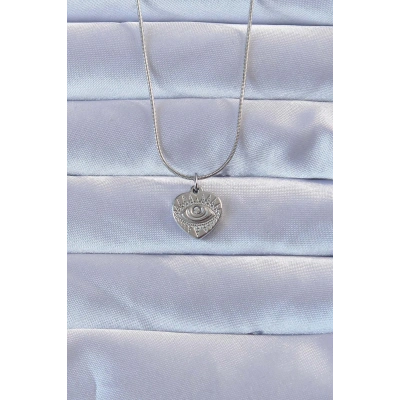 316L Gümüş Renk Zirkon Taşlı İşlemeli Göz Detay Kalp Kolye - Lisinya