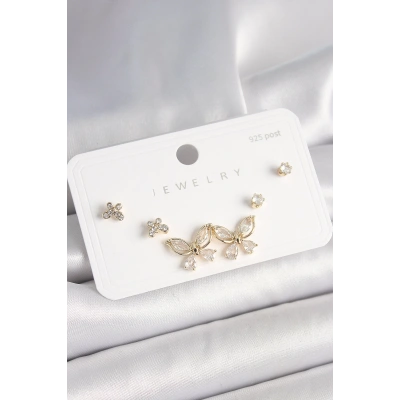 925 Ayar Çivi Gümüş Pirinç Gold Renk Zirkon Taşlı Kelebek Model Kadın Küpe Seti