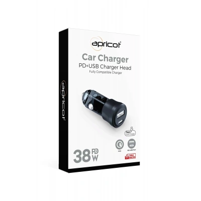 Apricot Araç Şarj Cihazı 2 Port 38W PD + USB Apricot APC-CC38 Siyah