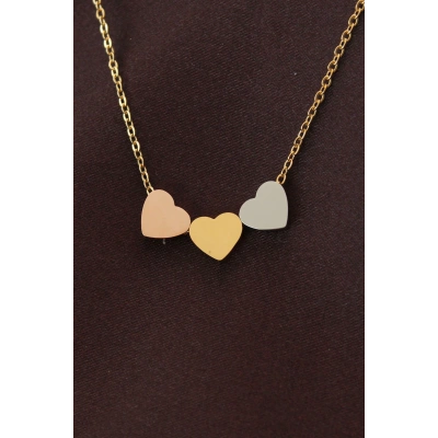 Çelik 3 Renkli Minimal 3lü Kalp Kolye