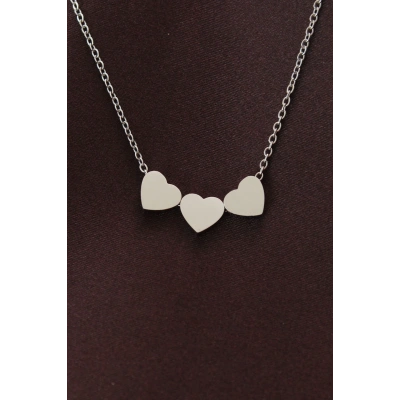 Çelik Gümüş Renk Minimal 3lü Kalp Kolye