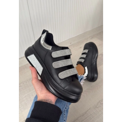 Elika Siyah Cilt Simli Cırt Cırtlı Spor Ayakkabı