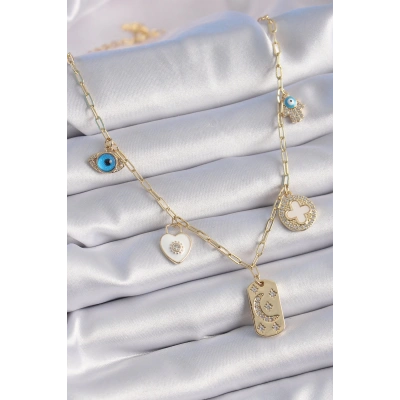 Gold Renk Zirkon Taşlı Çoklu Figür Model Şans Kolyesi - Lisinya