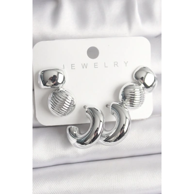 Gümüş Renk İşlemeli Daire Halka Model CCB Platik Kadın Küpe Seti