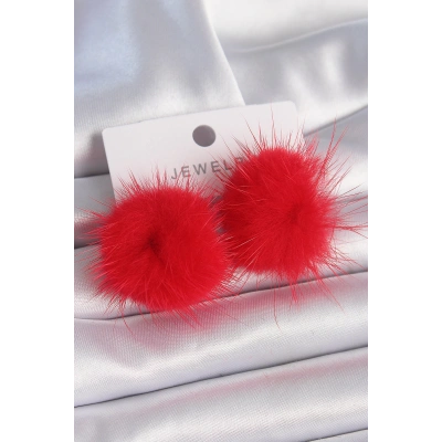 Kırmızı Tüylü Ponpon Model Kadın Küpe