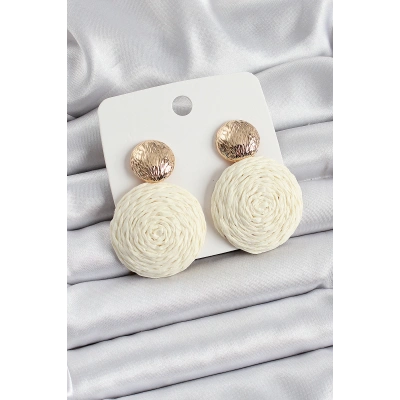 Krem Daire Figürlü Hasır Örgü Model Gold Renk Kadın Küpe