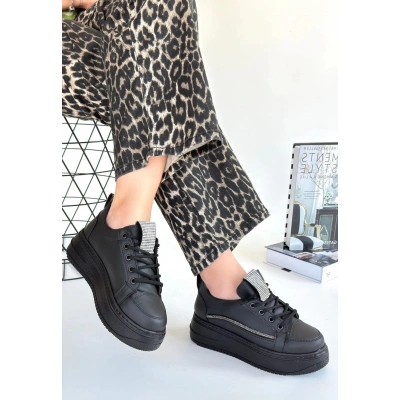 Leope Siyah Cilt Bağcıklı Spor Ayakkabı