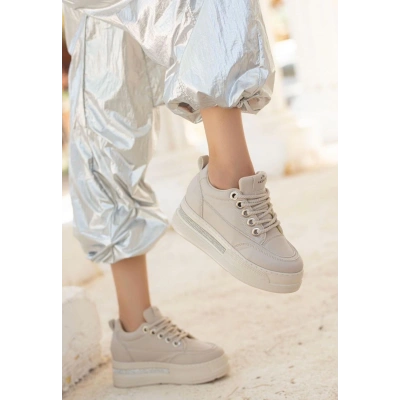 Lulu Bej Cilt Bağcıklı Spor Ayakkabı