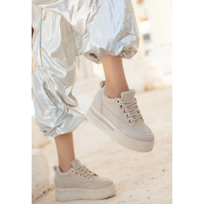 Lulu Bej Cilt Bağcıklı Spor Ayakkabı - Lisinya