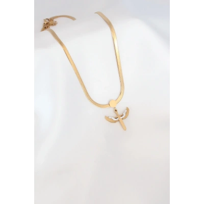 Mikail Figür Zirkon Taş Detay Gold Renk Çelik İtalyan Zincir Kadın Kolye - Lisinya