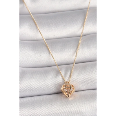 Pirinç Gold Renk 3D Zirkon Taşlı Elmas Model Kadın Kolye - Lisinya
