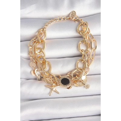 Pirinç Gold Renk Çoklu Zincir Model Deniz Yıldız Figür Kadın Bileklik - Lisinya