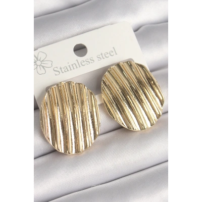 Pirinç Gold Renk İşlemeli Daire Plaka Model Kadın Küpe