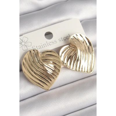 Pirinç Gold Renk İşlemeli Plaka Kalp Model Kadın Küpe
