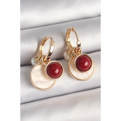 Pirinç Gold Renk Sallantı Beyaz Mineli Bordo Detay Kadın Küpe