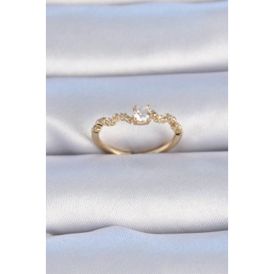 Pirinç Gold Renk Tek Taş Model Zirkon Taşlı Kadın Yüzük - Lisinya