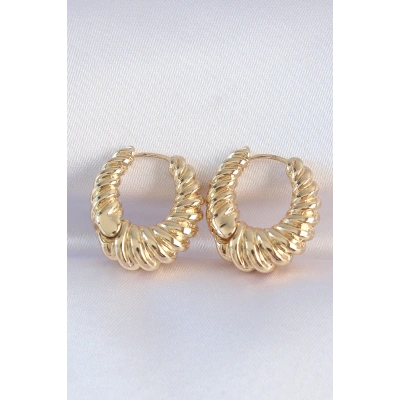 Pirinç Gold Renk Tırtık Detay Bombeli Halka Küpe