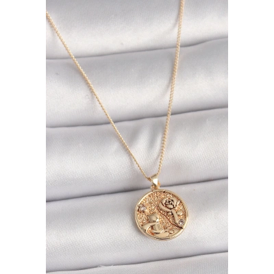 Pirinç Gold Renk Zirkon Taş Detaylı Gül İşleme Madalyon Model Kadın Kolye - Lisinya