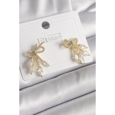 Pirinç Gold Renk Zirkon Taşlı Düğüm Model Damla Zirkon Taşlı Kadın Küpe